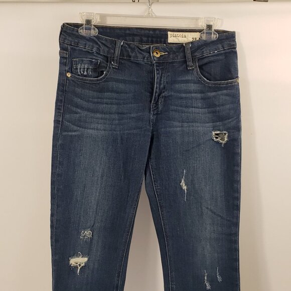 Pistola 28 Ripped Distressed Low Rise Jeans Blue Zippered Legs Pants - Picture 6 of 14